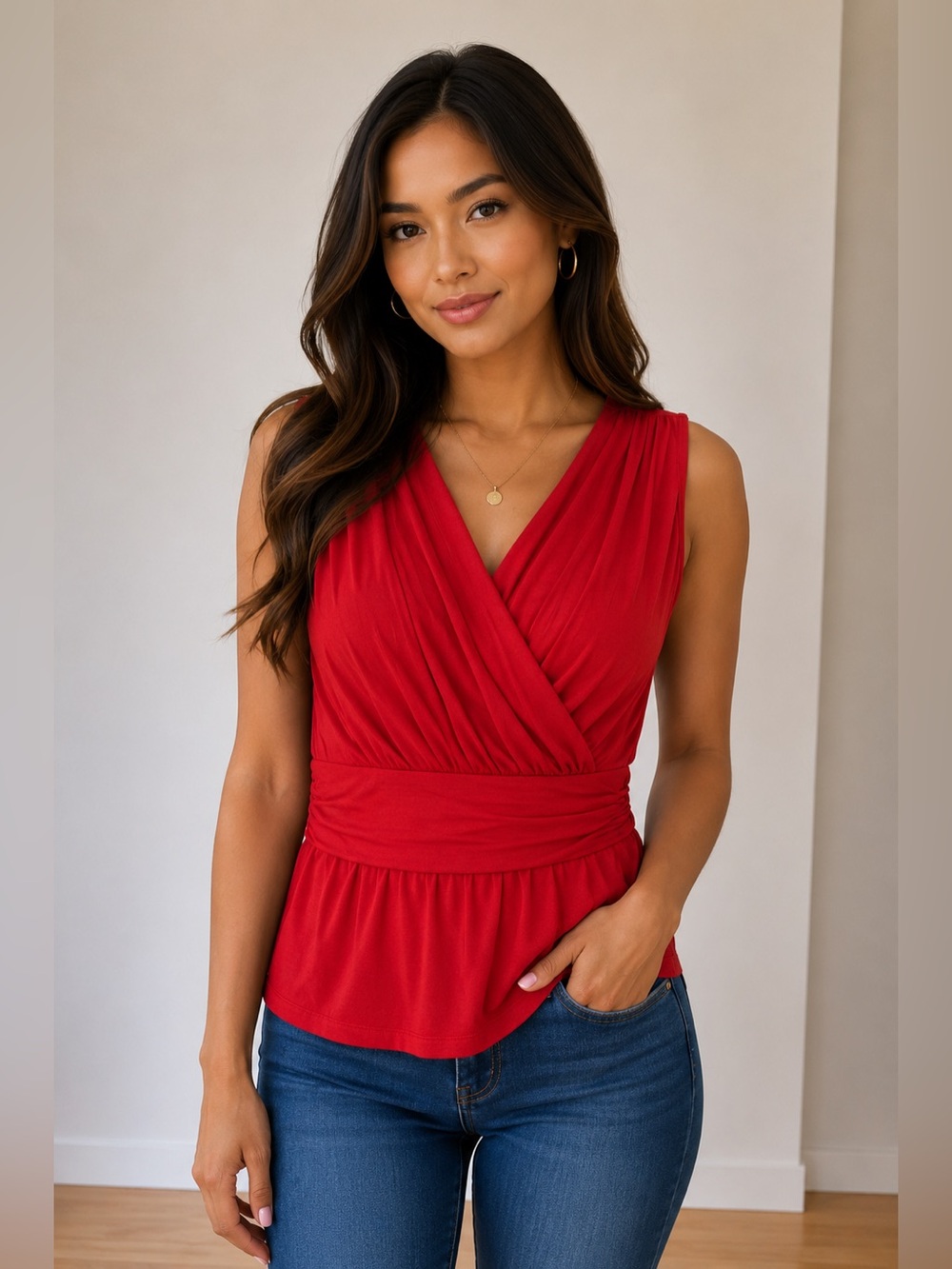 DKR Apparel Crossover Tank Top with Ruched Waist Band-Red
